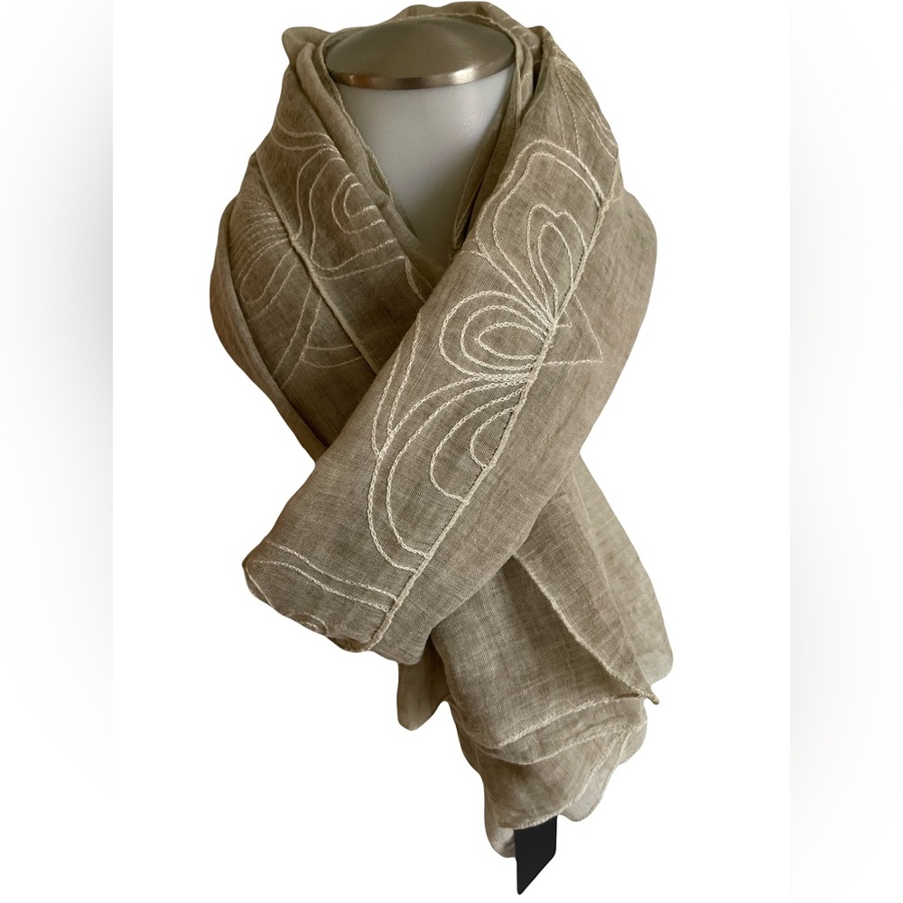 Embroidered Linen Scarf in Taupe